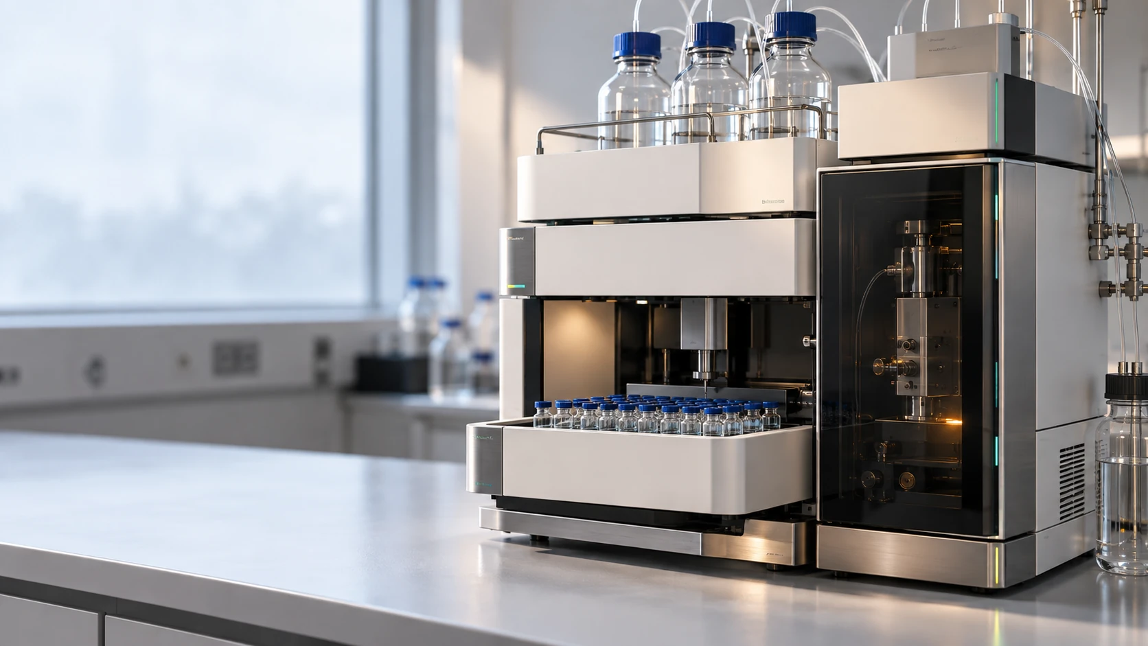 A chromatograph and mass analyser family, exploded into its five parts
