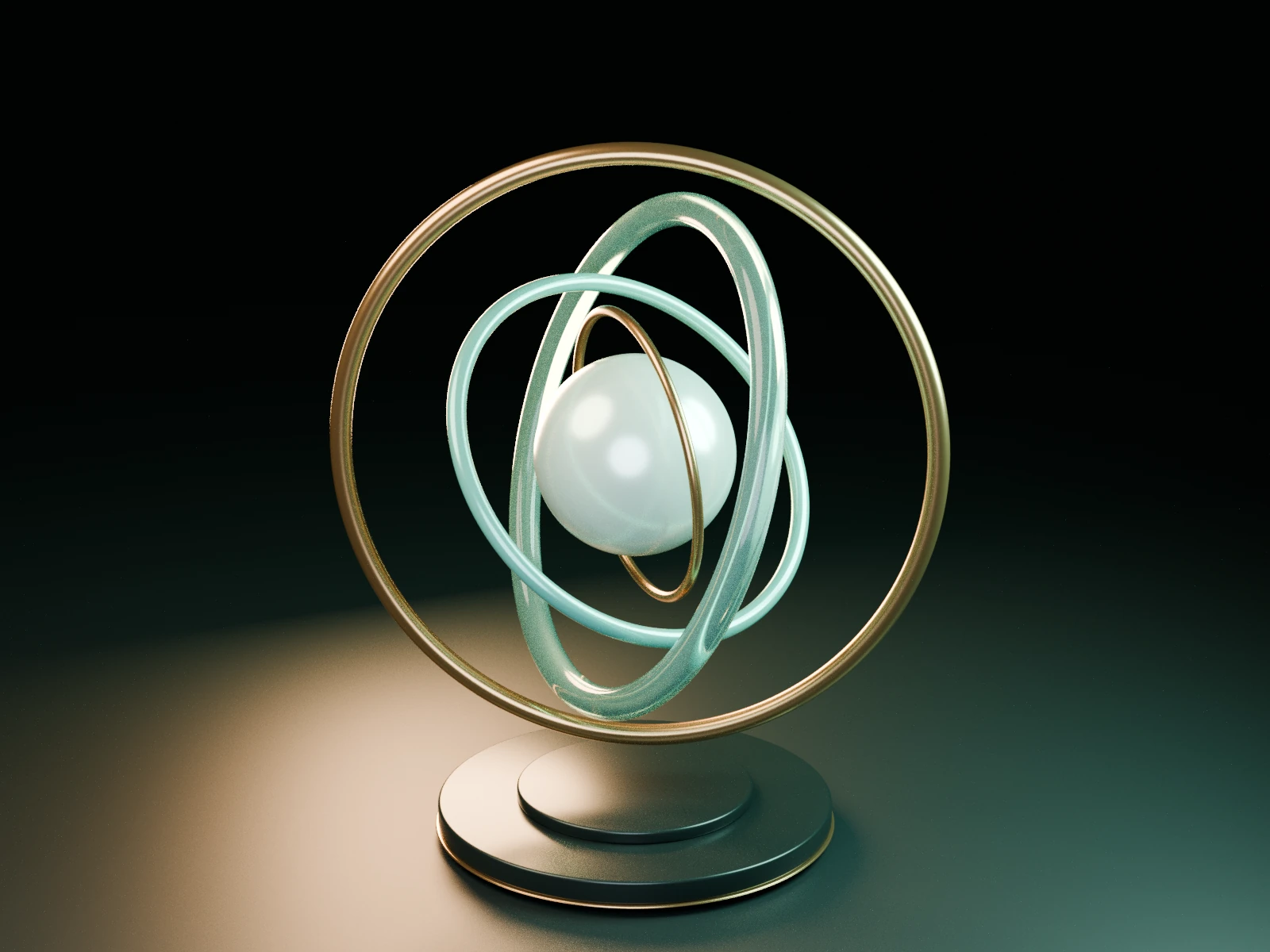 An original sculpture of bronze, jade glass and ceramic orbits around a single pearl, symbolising connected evidence