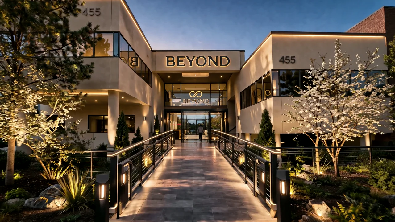 A cinematic approach to the illuminated Beyond entrance concept at dusk
