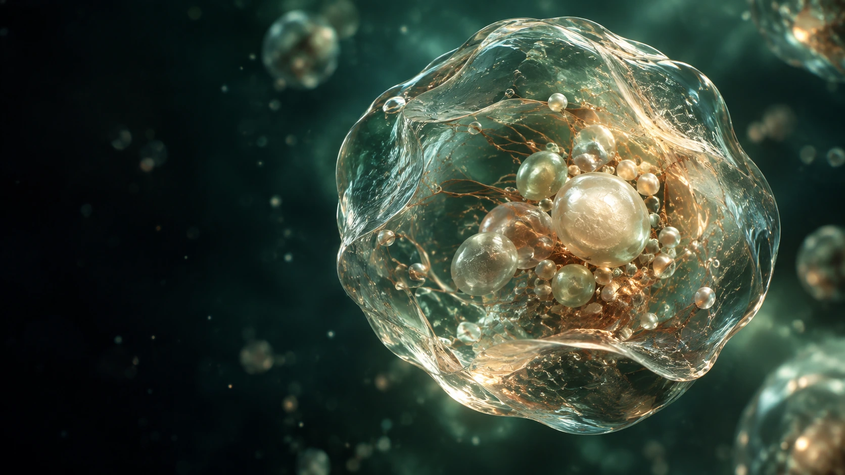 Cinematic cellular concept with a translucent membrane and luminous internal structures.
