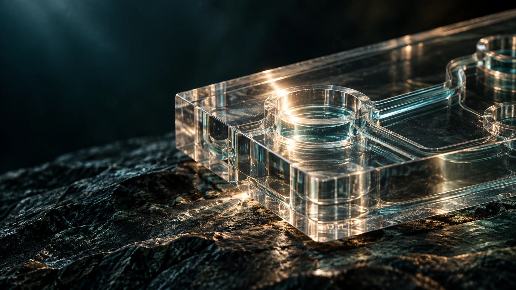 Cinematic macro concept of an optical chamber and a light-filled microfluidic channel.