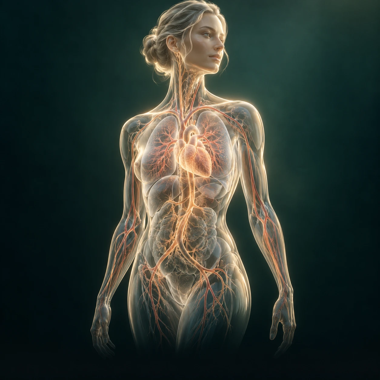Translucent human form with softly illuminated heart and vascular pathways in gold and teal