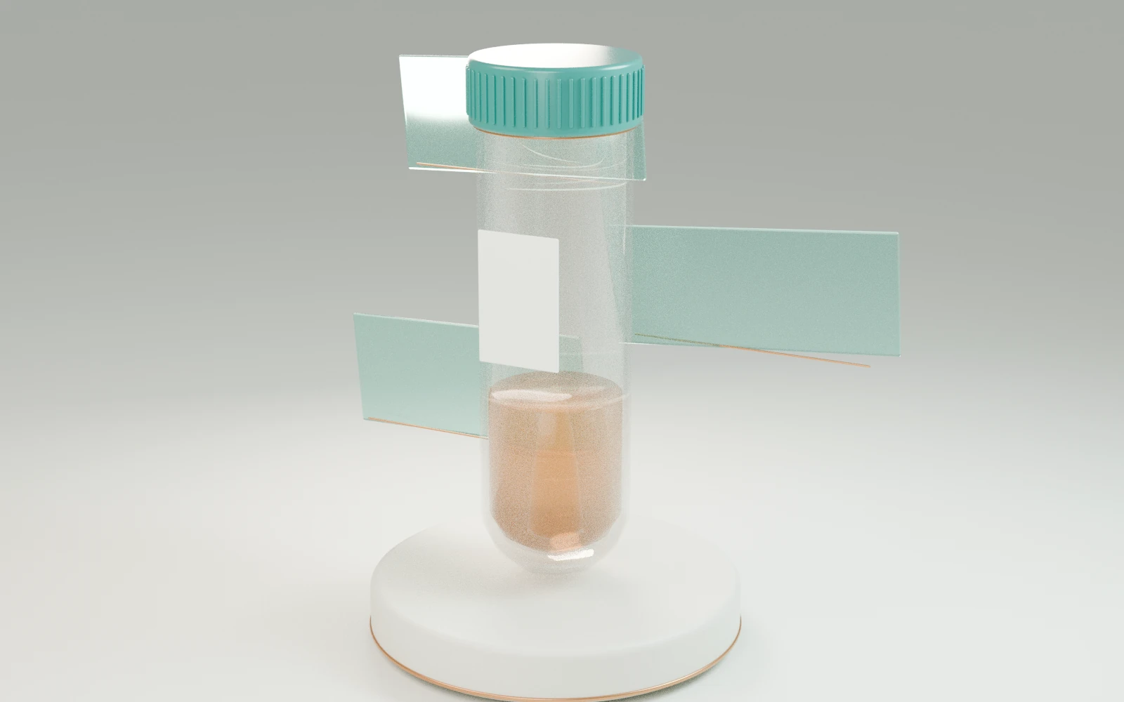 A sealed specimen tube with three translucent information planes unfolding from it